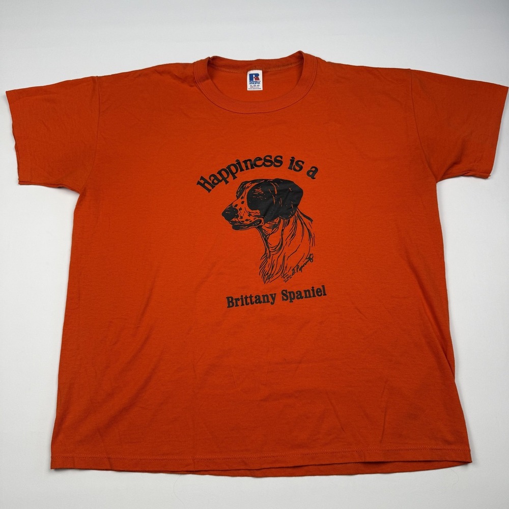 Vintage Russell Athletic Shirt Mens XL Orange Brittany Spaniel Dog Tee USA